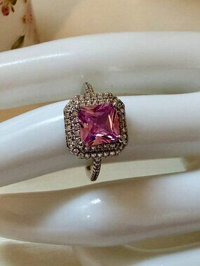 NEW Pink Emerald Cut CZ Halo Ring – Silver Tone – Size 7 – Statement Sparkle